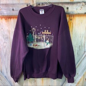 EUC Vtg Jerzees Christmas Snowman Scene Sweatshirt Purple White 2X